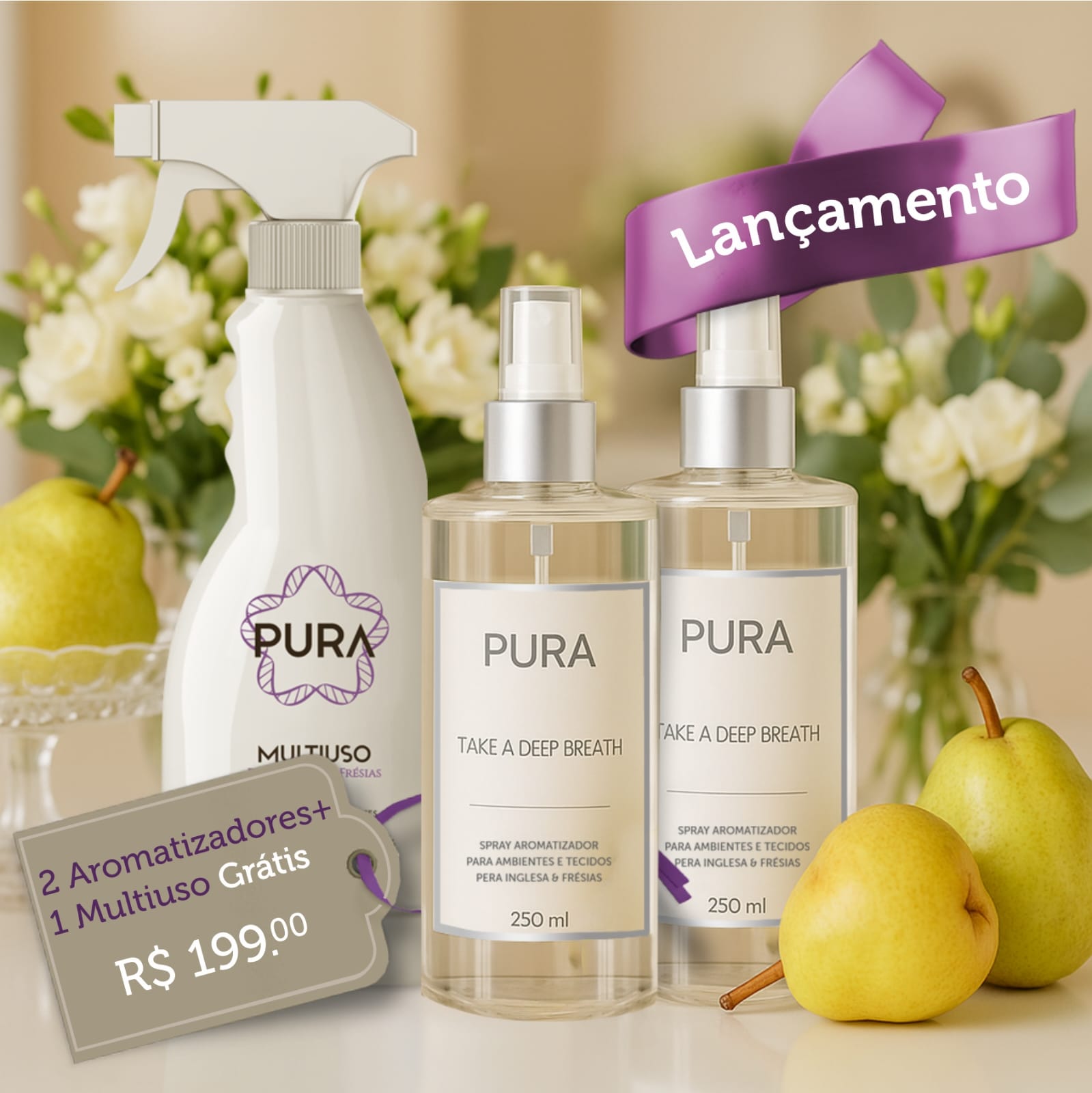 Promoção lançamento especial - Compre 2 Sprays aromatizador de ambientes e tecidos e leve 1 Multiuso de brinde